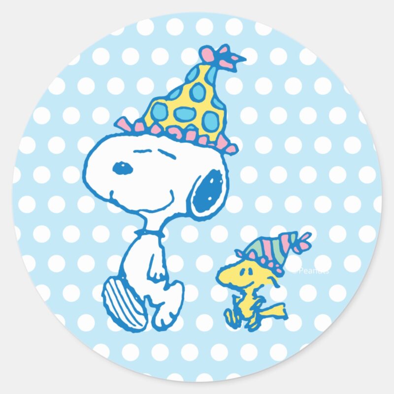 PEANUTS Snoopy Woodstock Party Polka Dots Classic Round Sticker