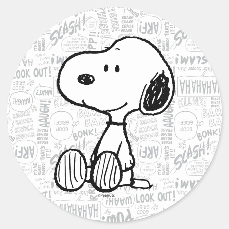 PEANUTS Snoopy On Black White Comics Classic Round Sticker