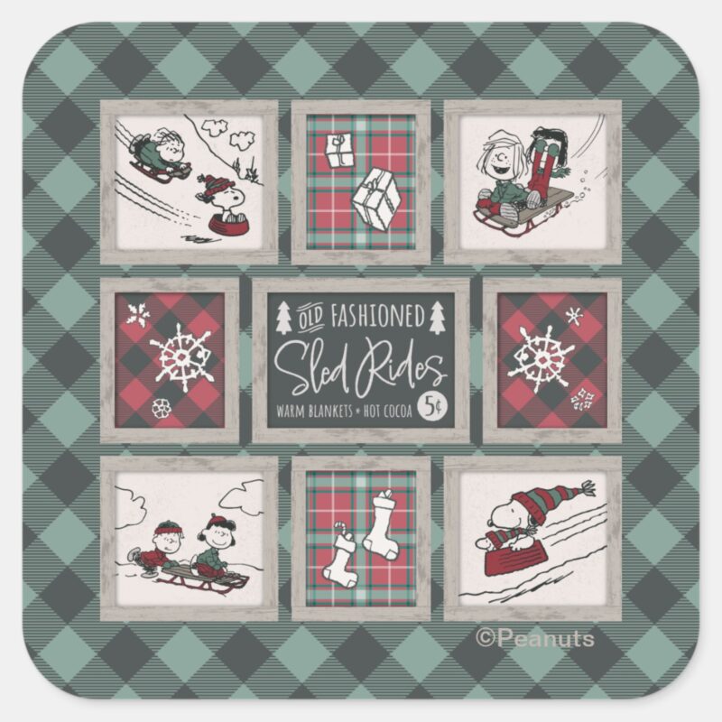 Peanuts Old Fashioned Sleigh Rides Pattern Square Sticker