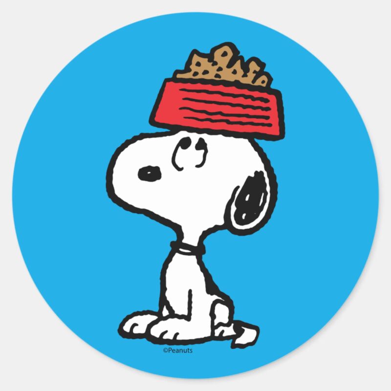 Peanuts Snoopy Balancing His Dog Dish Classic Round Sticker Peanuts Snoopy Balancing His Dog Dish Classic Round Sticker