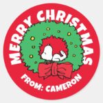 Peanuts Snoopy Christmas Wreath Classic Round Sticker