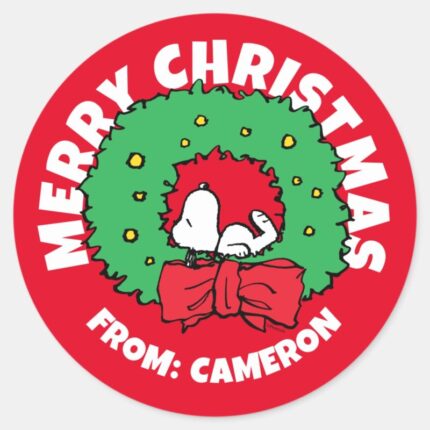 Peanuts Snoopy Christmas Wreath Classic Round Sticker
