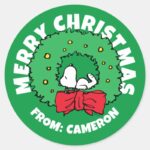 Peanuts Snoopy Christmas Wreath Classic Round Sticker