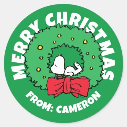 Peanuts Snoopy Christmas Wreath Classic Round Sticker