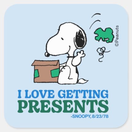 Peanuts Snoopy I Love Getting Presents Square Sticker