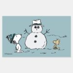 Peanuts Snoopy Woodstock Build A Snowman Rectangular Sticker