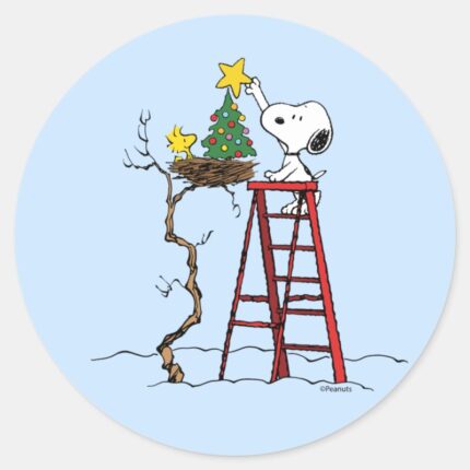 Peanuts Snoopy Woodstock Christmas Tree Classic Round Sticker