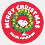 Peanuts Snoopy Woodstock Christmas Wreath Classic Round Sticker