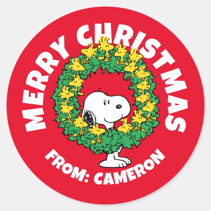 Peanuts Snoopy Woodstock Christmas Wreath Classic Round Sticker
