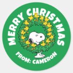 Peanuts Snoopy Woodstock Christmas Wreath Classic Round Sticker