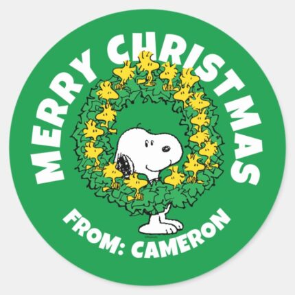 Peanuts Snoopy Woodstock Christmas Wreath Classic Round Sticker