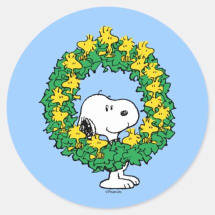 Peanuts Snoopy Woodstock Christmas Wreath Classic Round Sticker