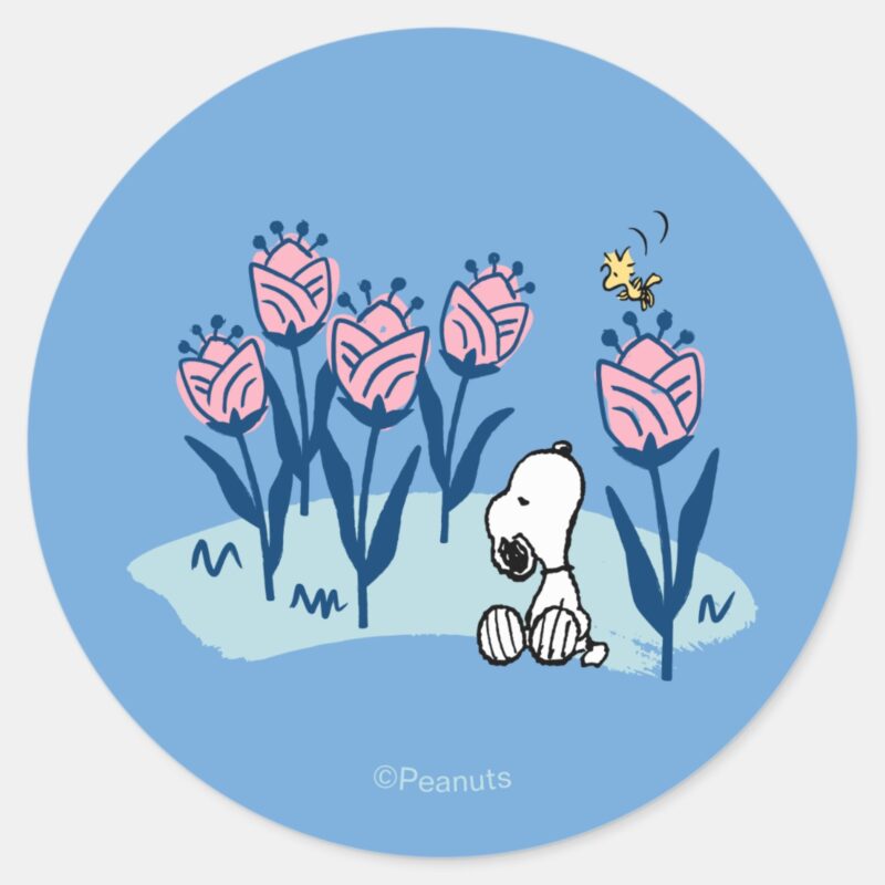 Peanuts Snoopy Woodstock Flower Garden Classic Round Sticker