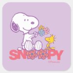 Peanuts Snoopy Woodstock Flowers Square Sticker