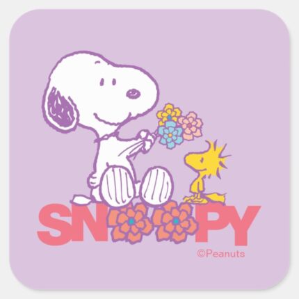 Peanuts Snoopy Woodstock Flowers Square Sticker