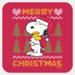 Peanuts Snoopy Woodstock Santa Claus Hug Square Sticker