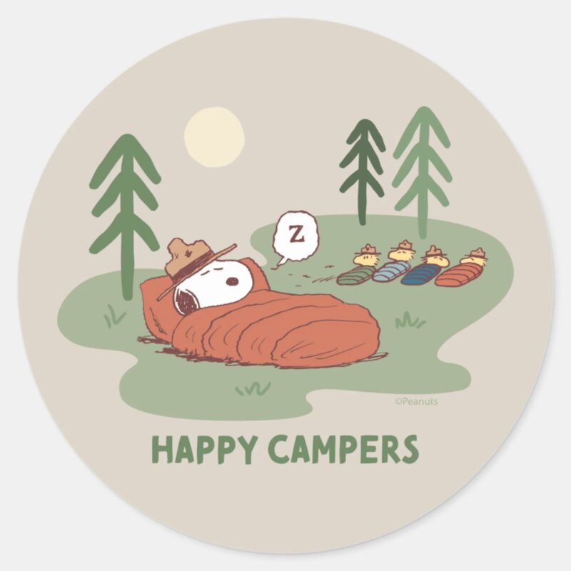Peanuts Snoopy Woodstock Sleeping Campers Classic Round Sticker