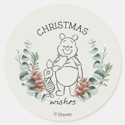 Pooh Piglet Christmas Wishes Wreath Classic Round Sticker