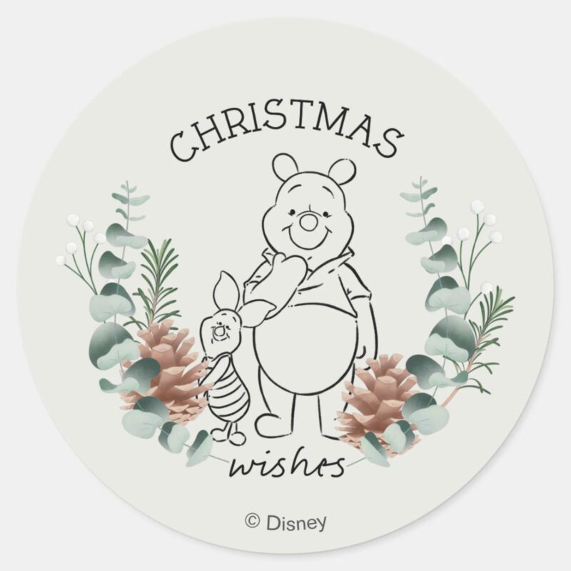Pooh Piglet Christmas Wishes Wreath Classic Round Sticker