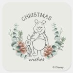 Pooh Piglet Christmas Wishes Wreath Square Sticker