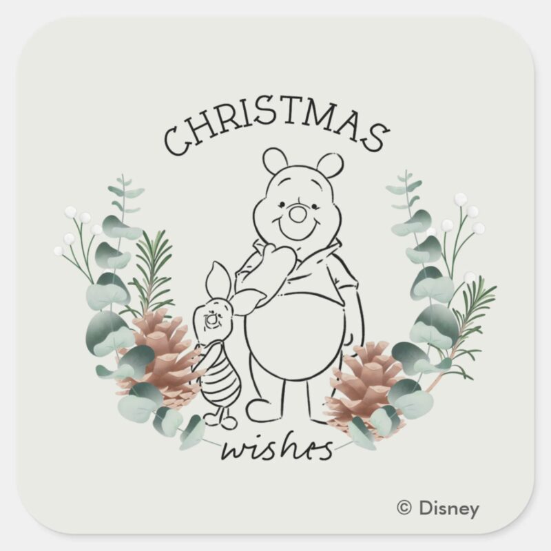 Pooh Piglet Christmas Wishes Wreath Square Sticker