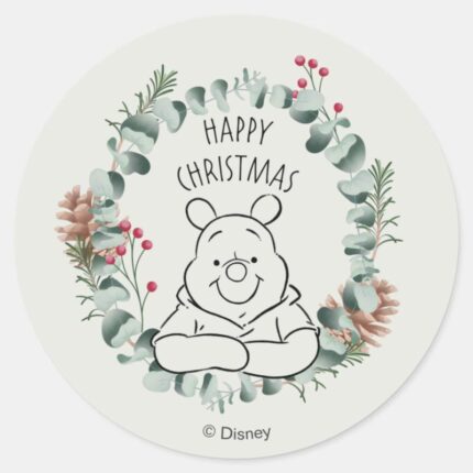 Pooh Happy Christmas Wreath Classic Round Sticker