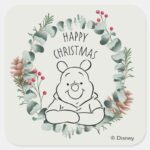 Pooh Happy Christmas Wreath Square Sticker