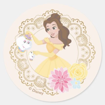 Princess Belle Floral Gold Confetti Classic Round Sticker