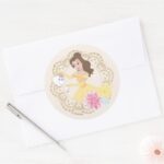Princess Belle Floral Gold Confetti Classic Round Sticker