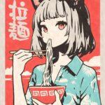 Retro 80s Anime Girl Eating Ramen Poster