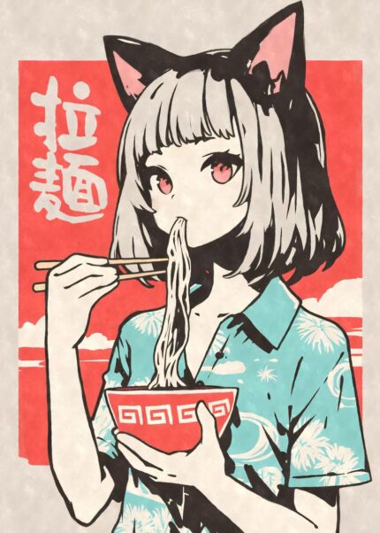 Retro 80s Anime Girl Eating Ramen Poster