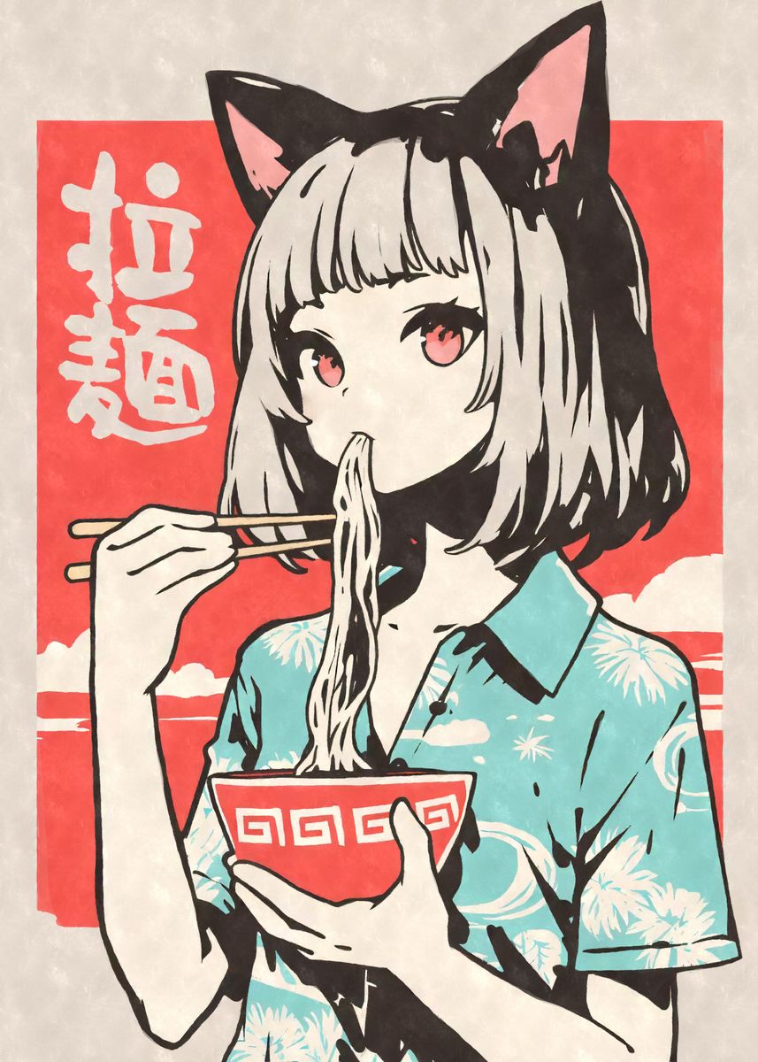 Retro 80s Anime Girl Eating Ramen Poster