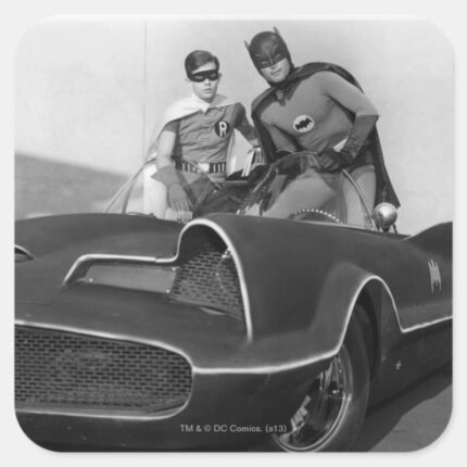 Robin And Batman Standing In Batmobile Square Sticker