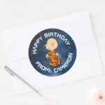 SPACE Charlie Brown Happy Birthday Classic Round Sticker