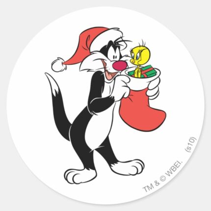 SYLVESTER™ Cat With Stocking Classic Round Sticker