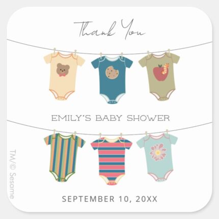 Sesame Pals Bodysuits Baby Shower Thank You Square Sticker