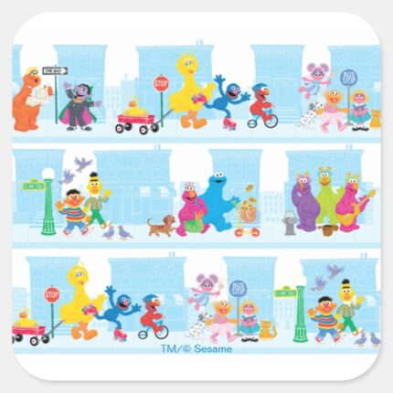 Sesame Pals Walking Along Sesame Street Pattern Square Sticker
