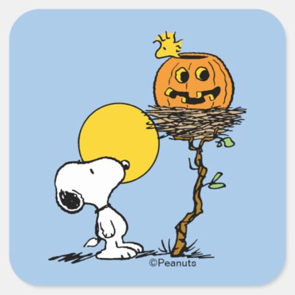Snoopy Woodstock Nest With Jack O Lantern Square Sticker