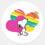 Snoopy And Woodstock Rainbow Hearts Classic Round Sticker