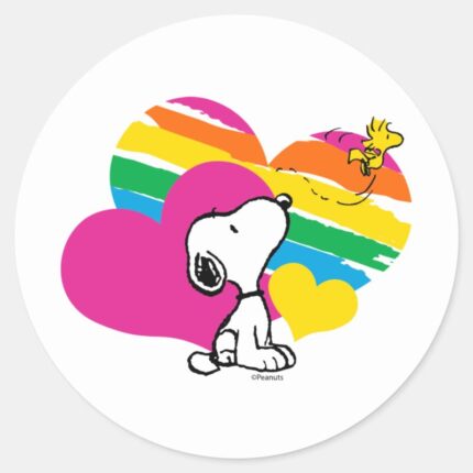 Snoopy And Woodstock Rainbow Hearts Classic Round Sticker