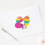 Snoopy And Woodstock Rainbow Hearts Classic Round Sticker
