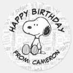 Snoopy On Black White Comics Happy Birthday Classic Round Sticker