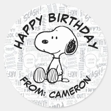 Snoopy On Black White Comics Happy Birthday Classic Round Sticker