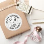 Snoopy On Black White Comics Happy Birthday Classic Round Sticker