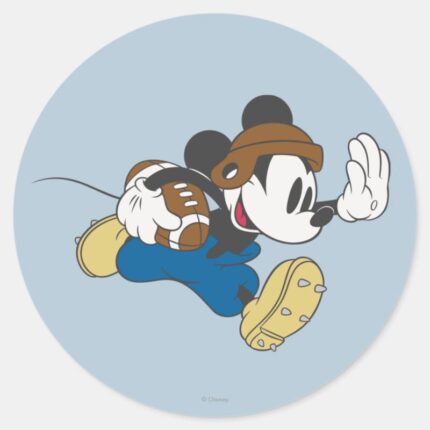 Sporty Mickey Running With Football Classic Round Sticker