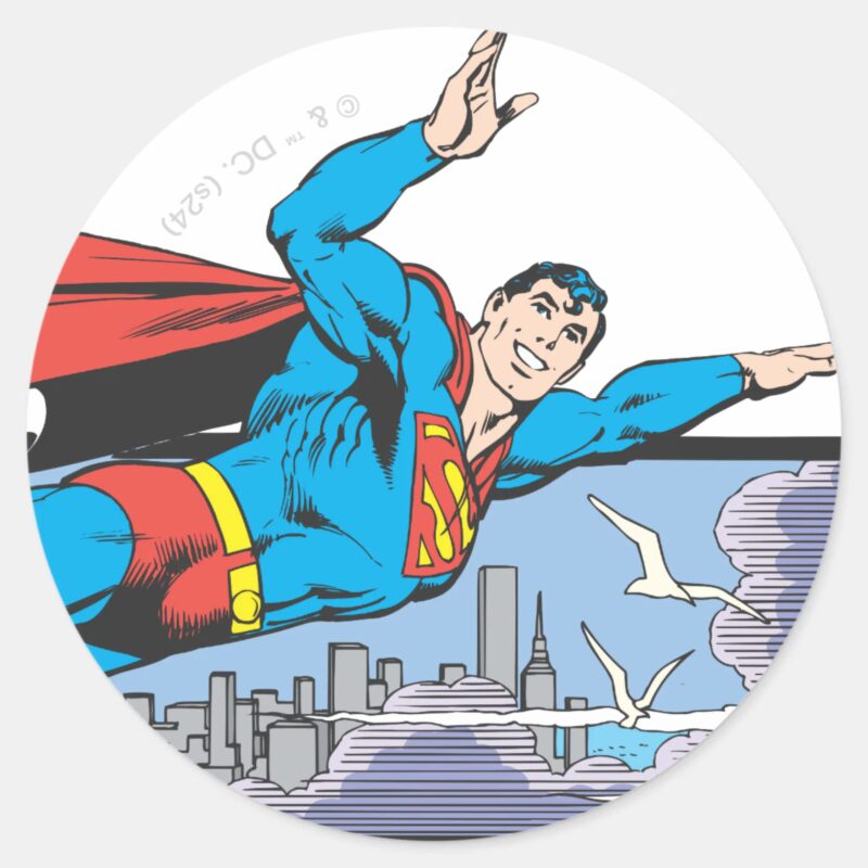 Superman Flies Thru City Classic Round Sticker
