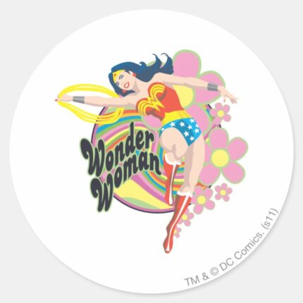 Wonder Woman Retro Flowers Classic Round Sticker