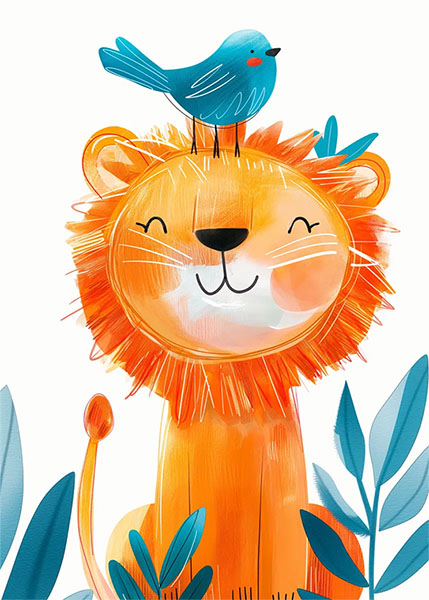 Adorable Lion with a bird Kids Room Poster