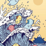 Axolotls surfing big waves Kanagawa Japanese Poster