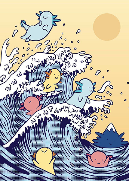 Axolotls surfing big waves Kanagawa Japanese Poster